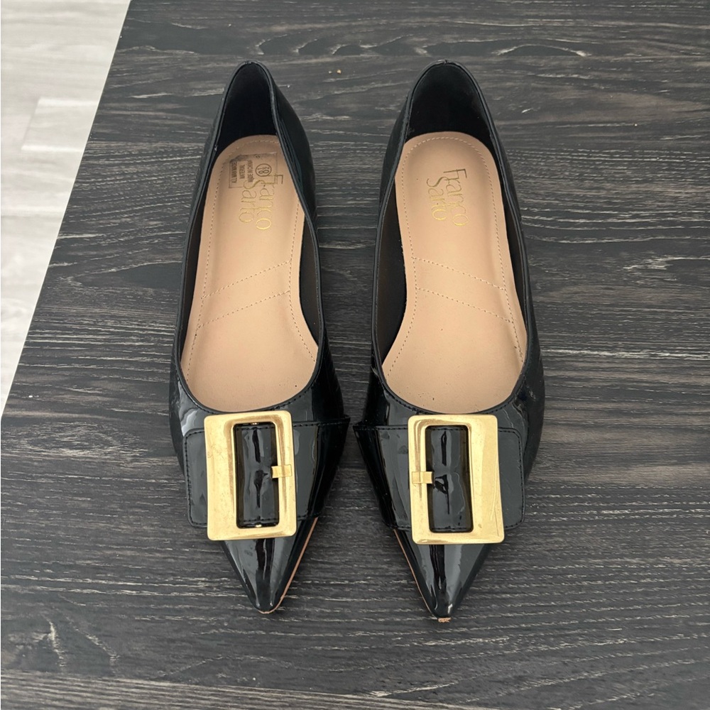 Franco Sarto Black and Gold Flats with Timeless Elegance